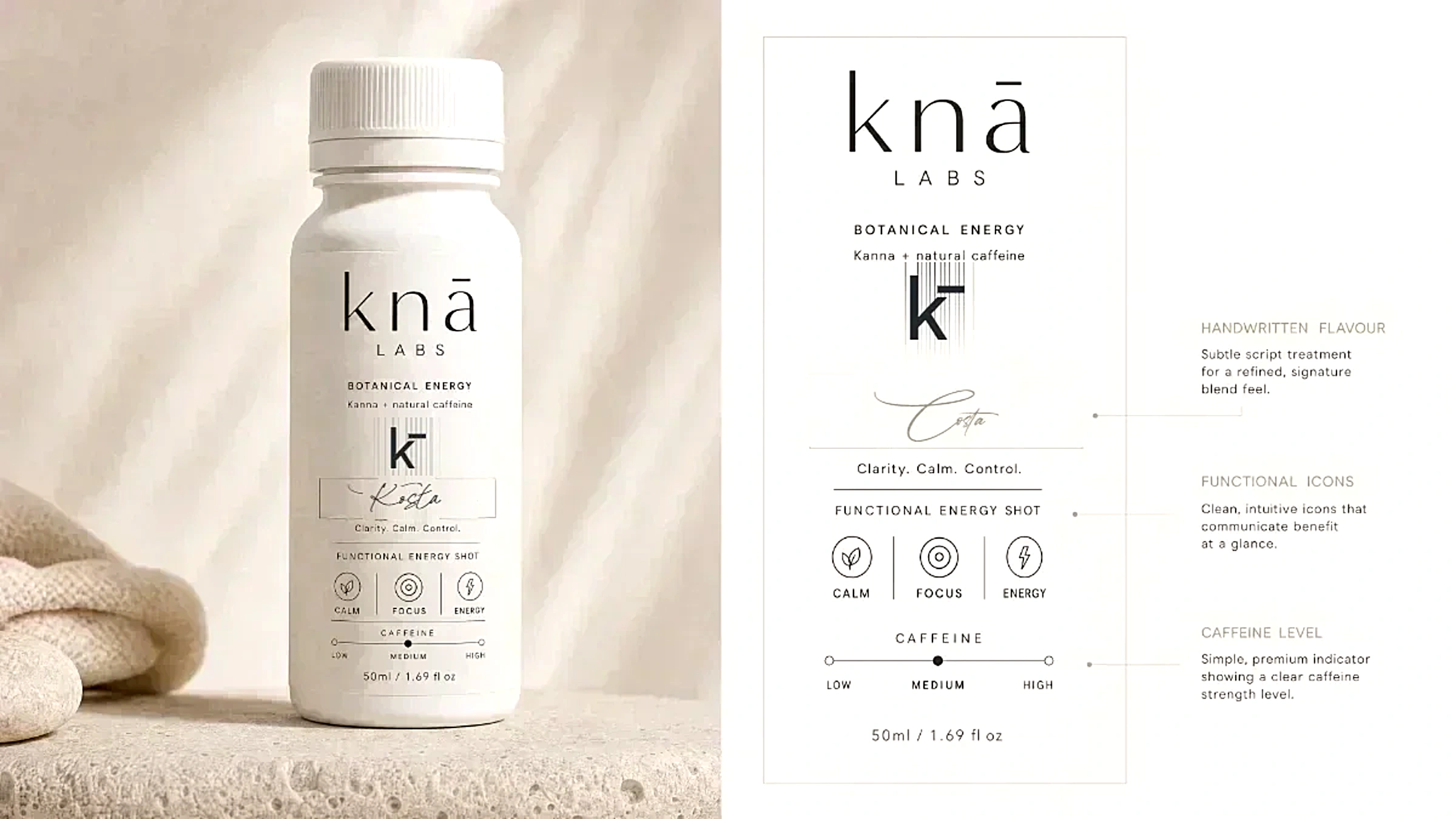 The knā bottle on a stone plinth beside its unfolded label sheet, on porcelain.